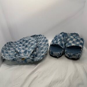 Stylish Blue Checkered Women's Hat and Shoes Matching Set